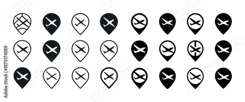 Airplane location icons in black and white on white background