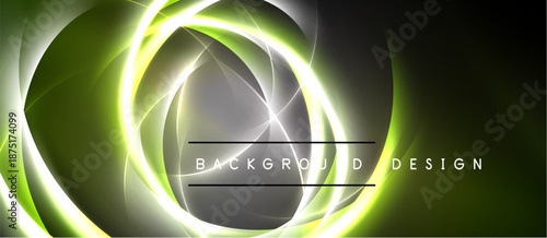 Abstract swirls, luminous green hues, dark backdrop. Elegant design suggests energy, motion, futuristic aesthetic. Simple text overlay present.