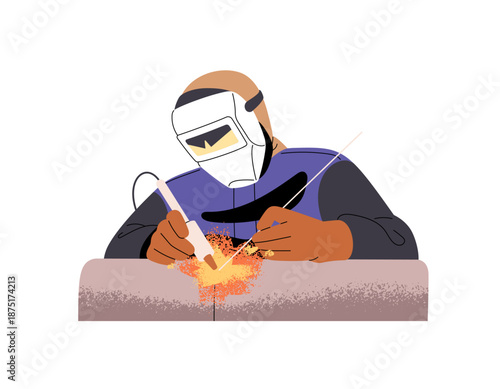 Welder in safety mask connects metal pipes in factory. Builder in protective costume is gas welding steel construction. Building worker works. Flat isolated vector illustration on white background
