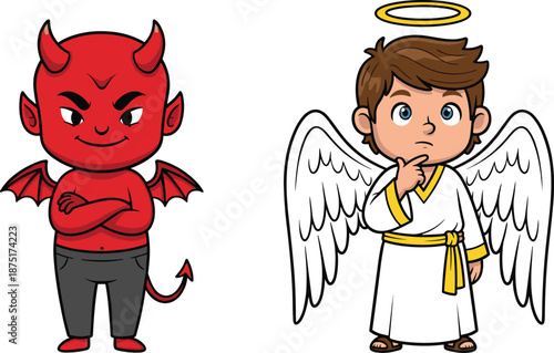 Cute cartoon angel and devil characters illustrating good versus evil moral choice concept fantasy kids mascot vector illustration design isolated