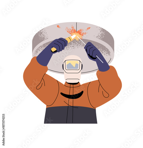 Welder in protective mask works with torch and electrode. Builder in safety costume is gas welding construction. Worker repairs metal pipe. Flat isolated vector illustration on white background