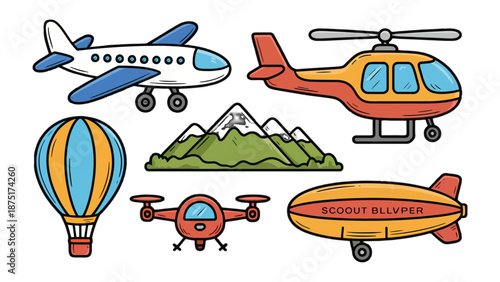 Aviation Variety: A vibrant illustration showcasing various forms of air transport, including airplane, helicopter, hot air balloon, drone, and airship, inviting exploration of the skies.