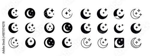 Diverse crescent moon and star icons set in various styles