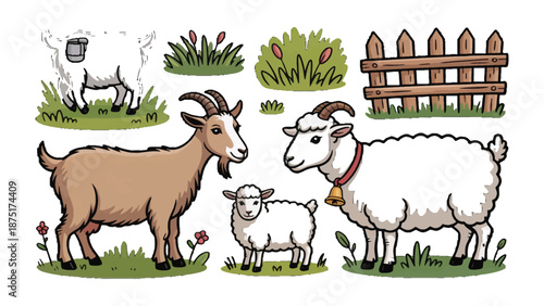 Farm Animals Illustration: A charming illustrated scene of various farm animals like goat, sheep, lamb, and a sheep, grazing peacefully.