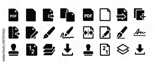 Pdf document management icons set: edit, sign, download, merge, annotate