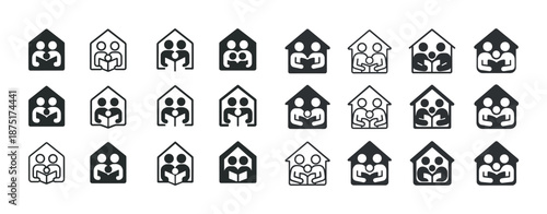 Repetitive icon pattern of family figures in houses