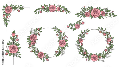 Set of floral branch. Flower pink rose, green leaves. Wedding concept with flowers. Floral poster, invite. Vector arrangements for greeting card or invitation design