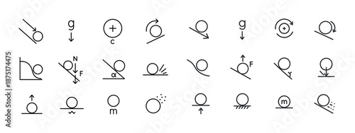 Physics motion symbols: dynamics and forces illustrated through simplified icons