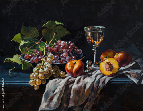 Classical still life oil painting with grapes, peaches, and wineglass inspired by Dutch and French traditions, realistic fruit arrangement on dark background