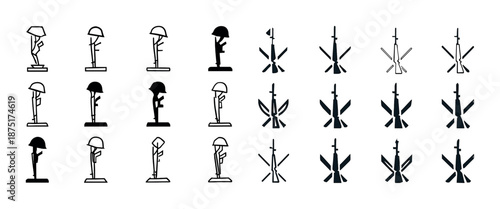 Minimalist military symbol set: rifle, helmet, memorial design collection