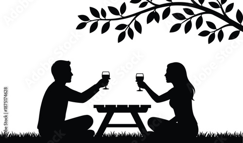 Romantic couple silhouette enjoying wine picnic under tree branch, black and white outdoor love lifestyle illustration, peaceful nature date scene