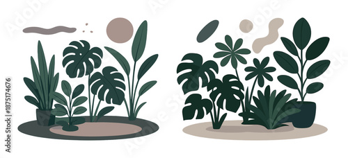 Modern botanical illustration featuring various houseplants and abstract shapes