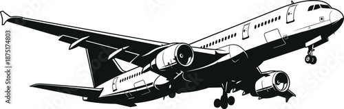 Commercial jet airplane in flight, black and white aircraft illustration, aviation transport concept, modern air travel design, flat vector