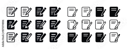 Set of document and pencil icons in various styles