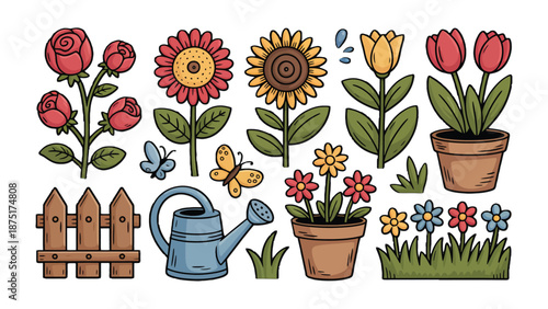 Floral Garden Illustration: An array of vibrant flowers, flourishing plants, and essential gardening tools come together to create a charming illustration of a flourishing garden.