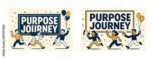 Purpose journey celebration with diverse characters and balloons