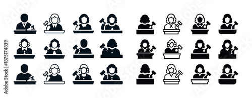 Judge icon set with diverse male and female silhouettes in courtroom attire with gavels