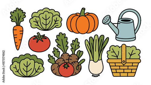 Harvest bounty: A vibrant illustration showcasing a collection of fresh, hand-picked vegetables. The arrangement highlights a variety of seasonal produce ready for market or meal preparation.