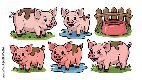 Playful Pigs in Muddy Puddles: A cheerful collection of illustrated piglets frolic in muddy puddles, showcasing their playful nature with mud splatters.