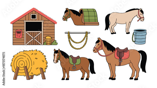 Farm Life Illustration: An illustrative scene depicting various elements of farm life, including horses, a stable, hay, and essential equipment, all designed with clean lines and vibrant colors. 