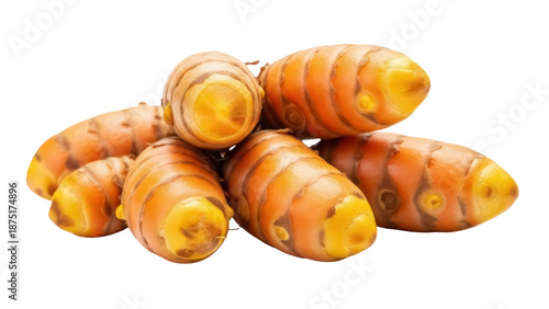 Photos Pile of fresh turmeric roots isolated PNG on transparent background, vibrant ora