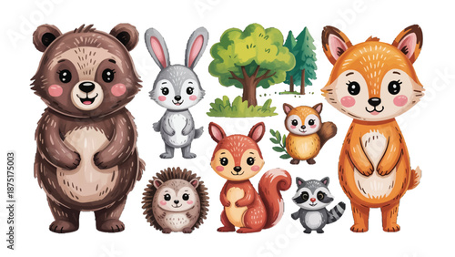 Whimsical Forest Friends: A collection of adorable woodland creatures, each with unique charm. A captivating illustration filled with happiness.