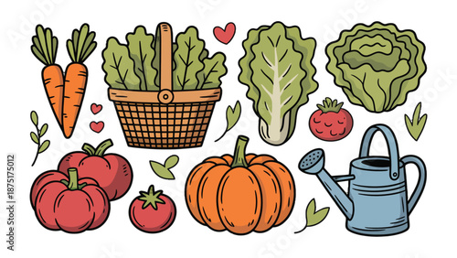 Harvest Bounty: A vibrant collection of fresh produce, illustrating the abundance and nourishment of the earth's gifts, showcasing carrots, lettuce, tomatoes, pumpkin, and a watering can. 