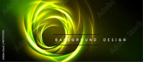 Bright neon swirls form abstract design. Vivid green, yellow hues contrast dark background. Modern, dynamic visual element.