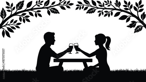 Romantic couple silhouette toasting wine at picnic table under leafy branches, black and white outdoor love lifestyle illustration scene