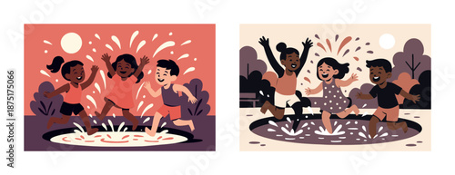 Joyful children playing in water park at sunset and daytime