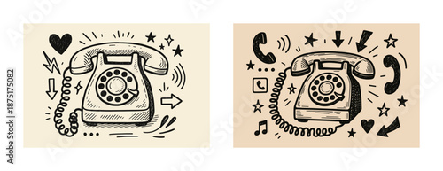 Vintage rotary telephones with doodle elements and heart shapes