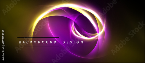 Abstract design features vibrant swirls, golden glow, purple hues. Background suggests energy, motion, modern aesthetic.