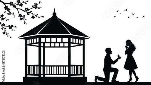 Romantic engagement proposal silhouette near garden gazebo, kneeling man offering ring to woman, love story concept, black vector illustration