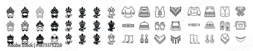 Traditional pattern icons: floral, animal, clothing, accessories in black and white