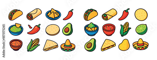 Colorful mexican food icons including tacos, nachos, and avocados