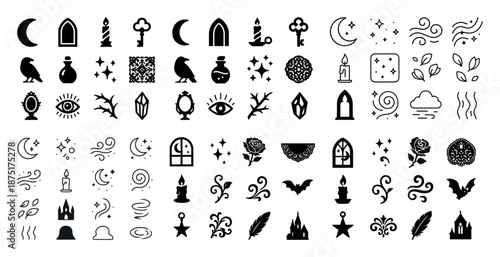 Mystical gothic symbols collection featuring moons, candles, keys, ravens, eyes, stars