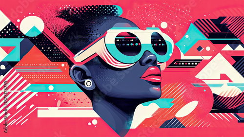 Abstract portrait of woman with oversized futuristic goggles against vibrant, geometric background with digital elements and retro color palette of pink, teal, and cream