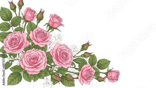 Set of floral branch. Flower pink rose, green leaves. Wedding concept with flowers. Floral poster, invite. Vector arrangements for greeting card or invitation design