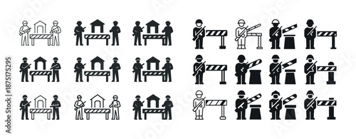 Set of construction worker icons with safety barriers and equipment