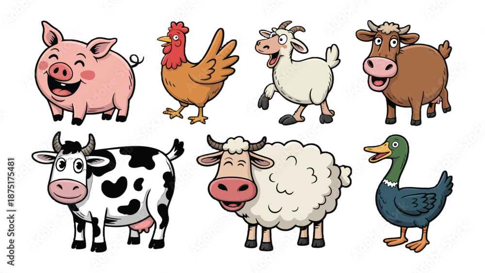 Fototapeta premium Farm Animals Cartoon: A delightful illustration showcases a diverse collection of charming farm animals, each radiating individual character and vibrant appeal.