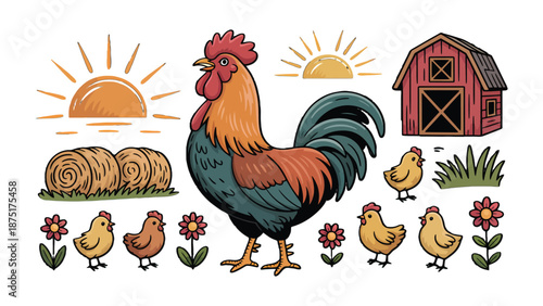 Rustic Farmyard Charm: A vibrantly illustrated rooster proudly surveys its rural domain, accompanied by chicks, hay bales, and a picturesque barn, all basking in the glow of a sunlit morning.