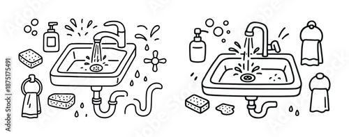 Hand-drawn bathroom sinks with flowing water and accessories illustration
