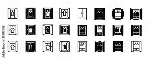 Collection of wardrobe and closet icons in black and white design