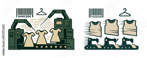 Automated clothing production with barcode tracking and industrial sewing machines