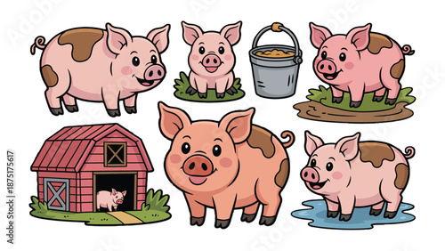 Pig Farm Life: An adorable illustration of a pig farm setting, with cute pigs frolicking around the barn. This image captures the essence of rural farm life.