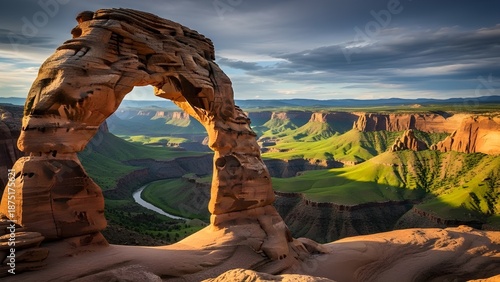 Ancient stone arch carved naturally by wind, overlooking a vast green canyon, epic scale