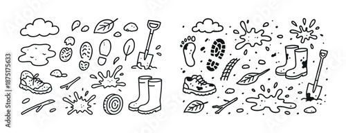Doodle illustrations of rain boots and outdoor elements in black and white