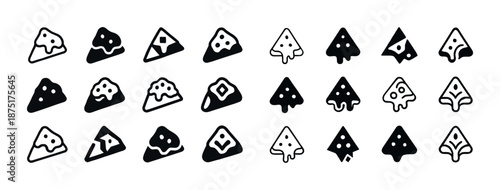Collection of diverse pizza slice and tree icons in black and white