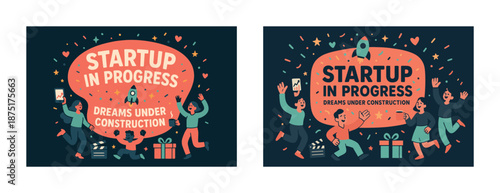 Startup in progress team celebration with gifts and rocket icon