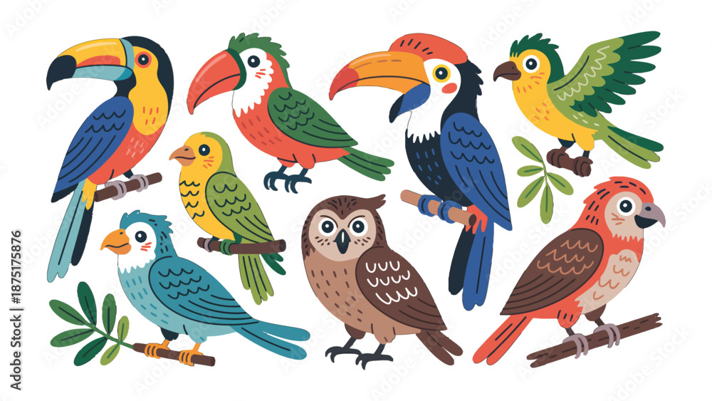 Fototapeta premium Colorful Avian Companions: A captivating illustration showcases an assortment of vibrant and exotic birds, each flaunting its own unique plumage and charm.